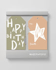 Happy Birthday + Star 10pk gift tags (khaki, tan)